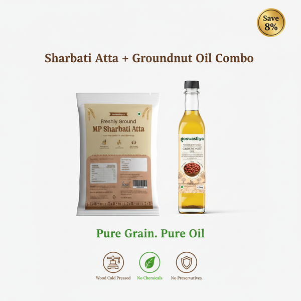 GoSwasthya Pure Grain & Oil Combo – MP Sharbati Atta and Wood Cold-Pressed Groundnut Oil on white background