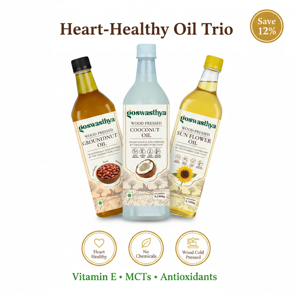 GoSwasthya Heart-Healthy Oil Trio – Wood Cold-Pressed Groundnut, Coconut and Sunflower Oil with heart-healthy USP badges