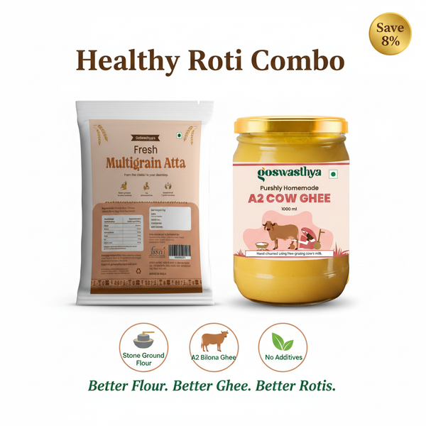 GoSwasthya Healthy Roti Combo – Stone Ground Multigrain Flour and Pure A2 Desi Cow Ghee on white background