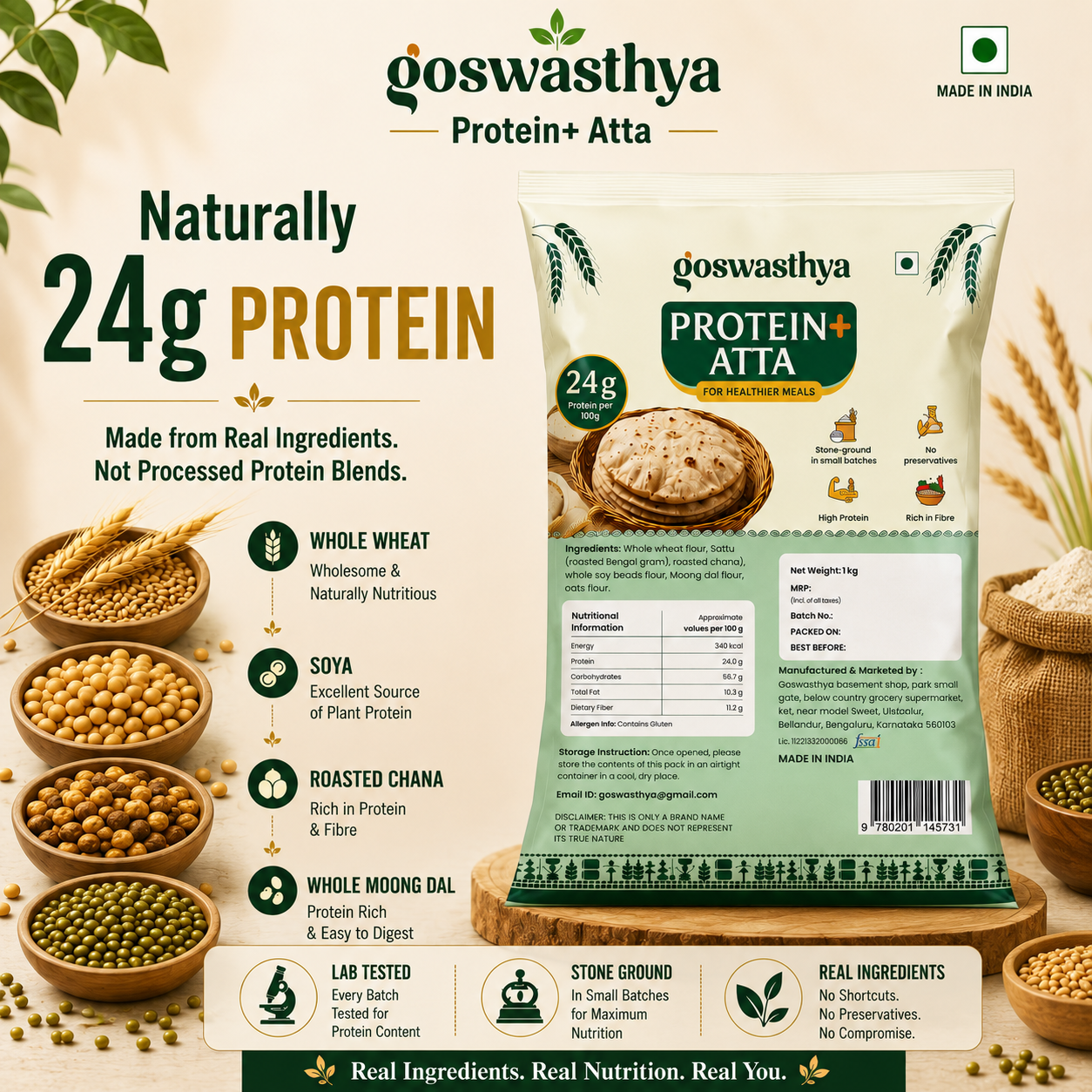 Goswasthya Protein+ Atta 24g – One Atta, Multiple Benefits. Supports muscle health, daily protein, fibre & whole family nutrition