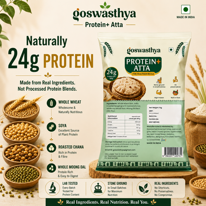 Goswasthya Protein+ Atta 24g – One Atta, Multiple Benefits. Supports muscle health, daily protein, fibre & whole family nutrition