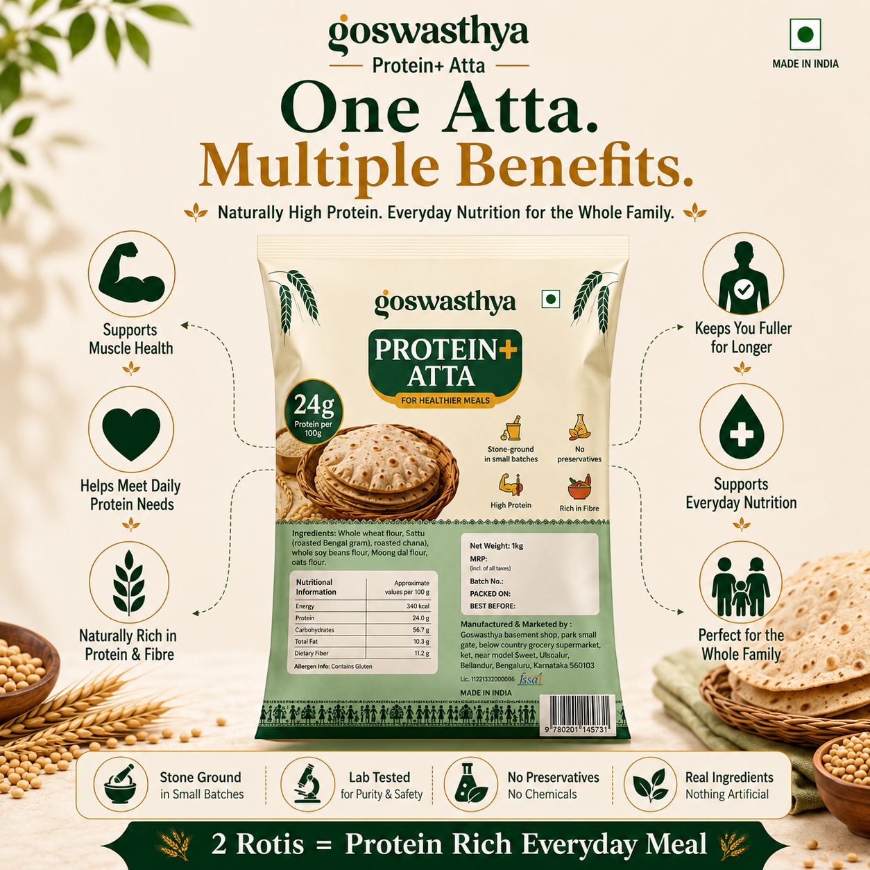 Goswasthya Protein+ Atta – Naturally 24g Protein from Whole Wheat, Soya, Roasted Chana & Whole Moong Dal