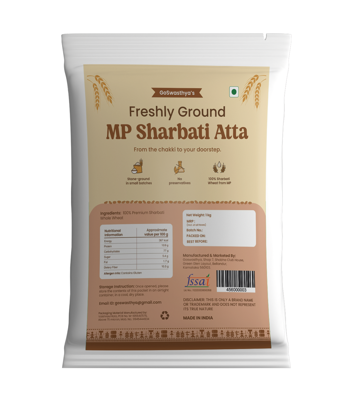 MP Sharbati 100% Whole Wheat Stone Ground Atta | GoSwasthya