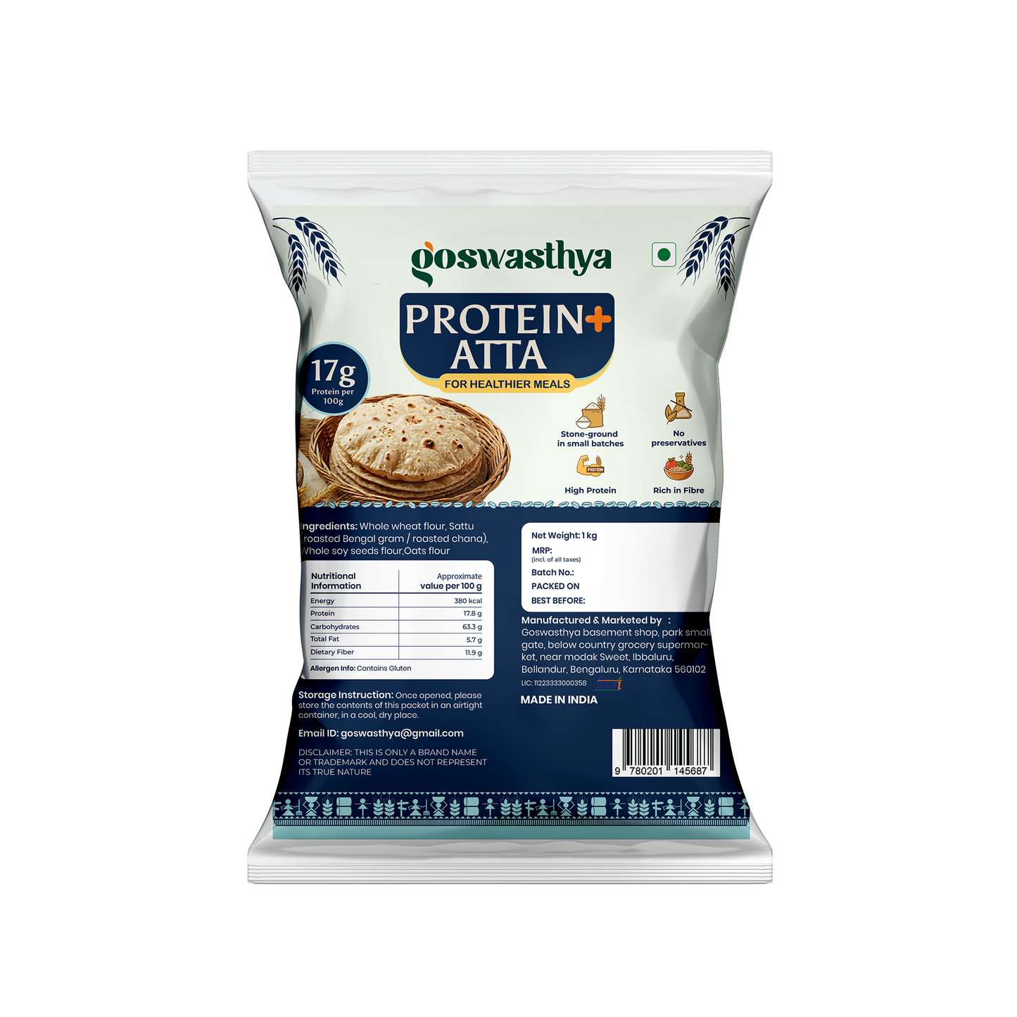 Goswasthya Protein+ Atta – 17g Protein | Stone Ground | 1kg