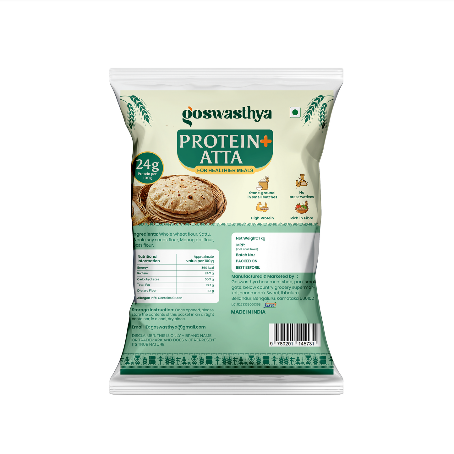 Goswasthya Protein+ Atta – 24g Protein | Stone Ground | 1kg