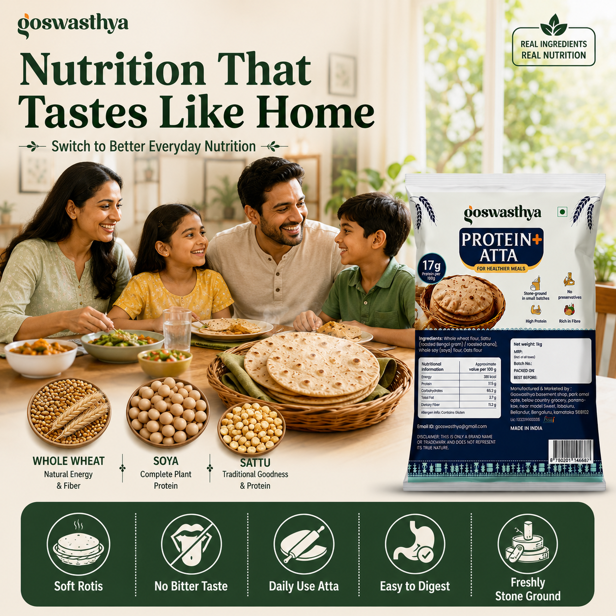Goswasthya Protein+ Atta – 17g Protein | Stone Ground | 1kg