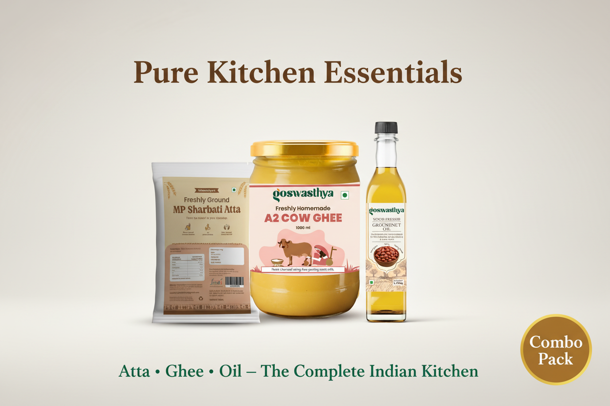 GoSwasthya Pure Kitchen Essentials Combo – MP Sharbati Atta, A2 Cow Ghee and Wood Cold-Pressed Groundnut Oil