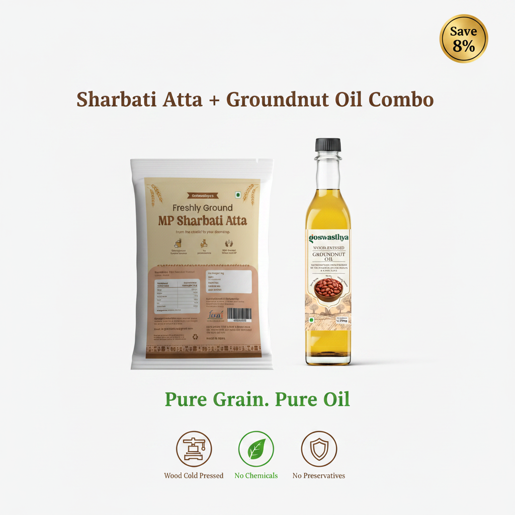 GoSwasthya Pure Grain & Oil Combo – MP Sharbati Atta and Wood Cold-Pressed Groundnut Oil on white background
