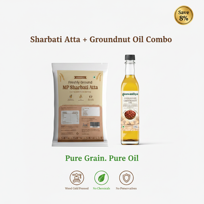 GoSwasthya Pure Grain & Oil Combo – MP Sharbati Atta and Wood Cold-Pressed Groundnut Oil on white background