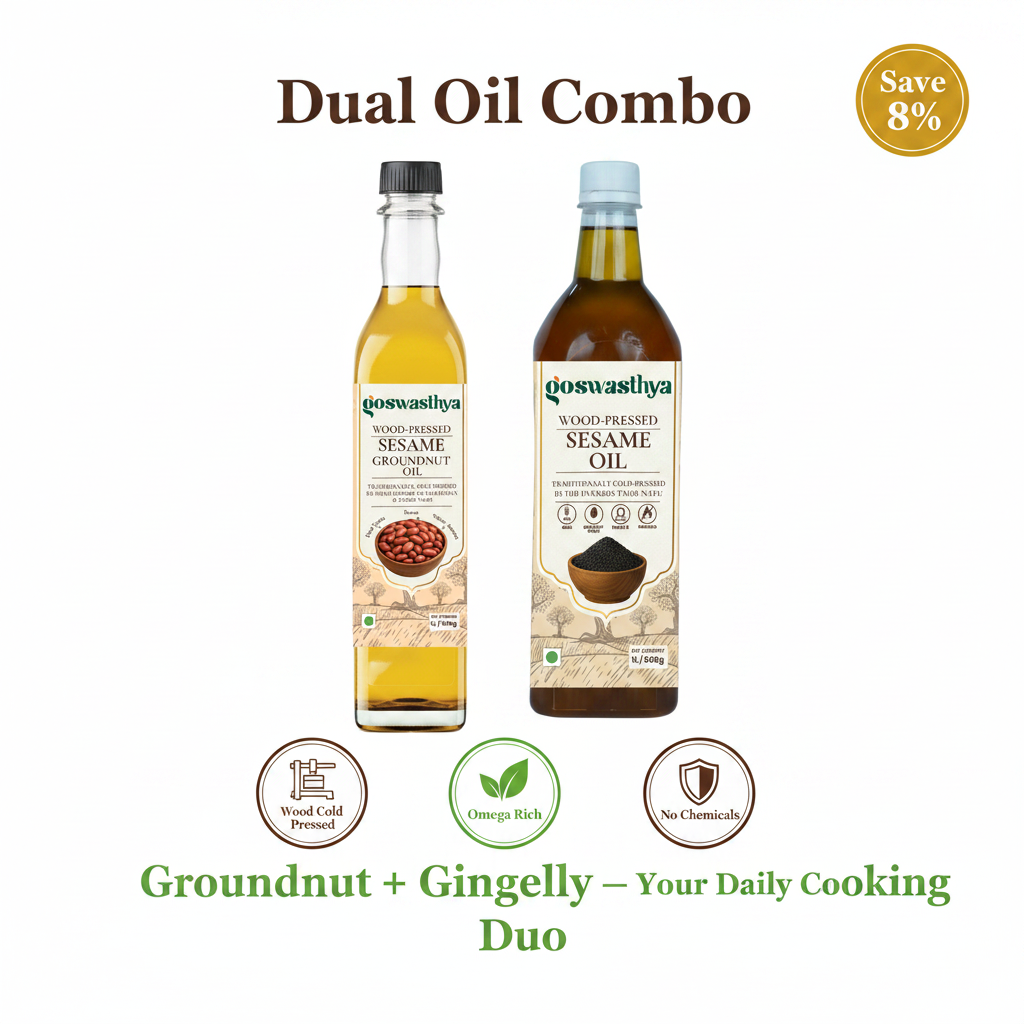 GoSwasthya Dual Oil Combo – Wood Cold-Pressed Groundnut Oil and Gingelly Sesame Oil on white background