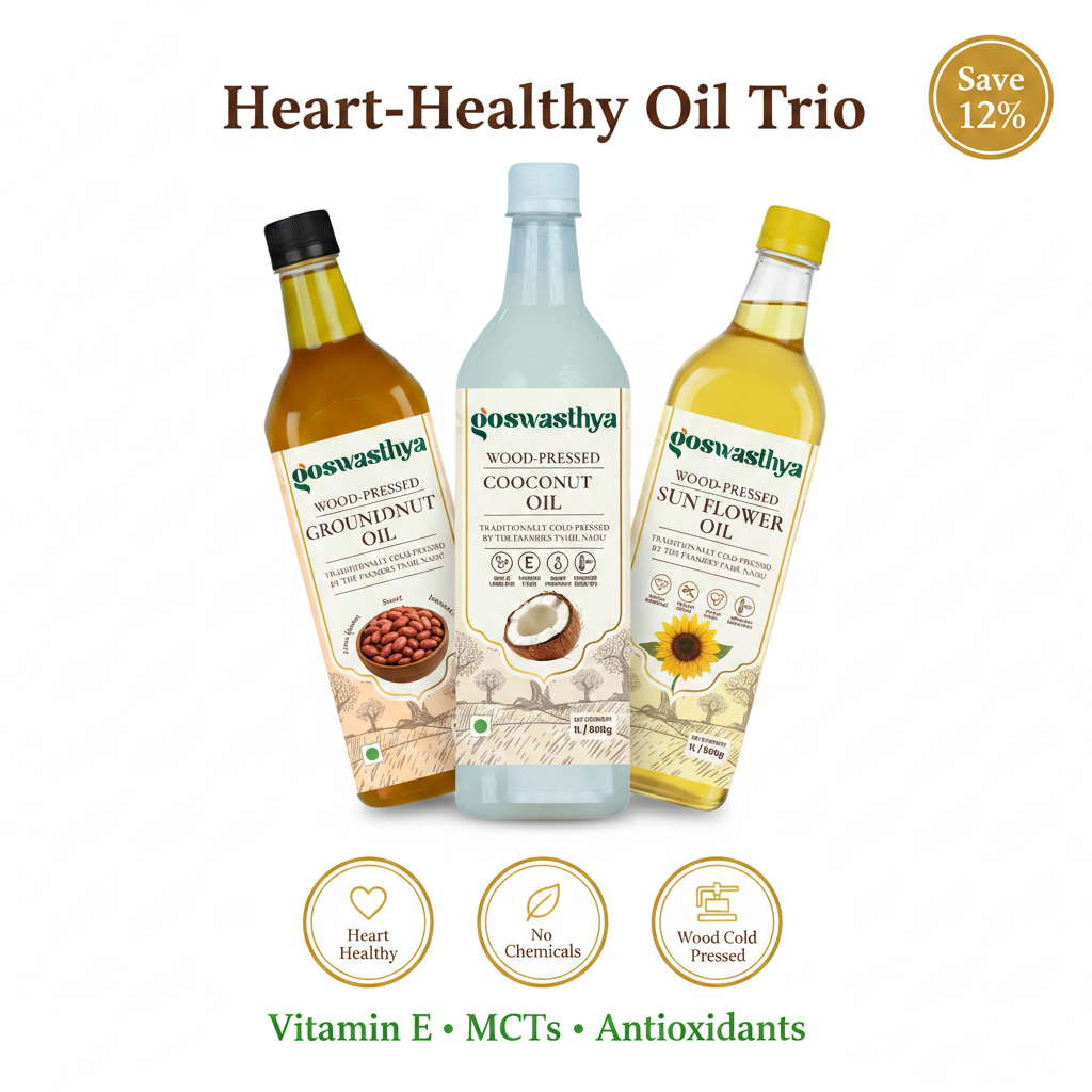 GoSwasthya Heart-Healthy Oil Trio – Wood Cold-Pressed Groundnut, Coconut and Sunflower Oil with heart-healthy USP badges