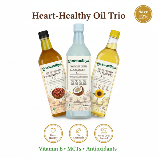 GoSwasthya Heart-Healthy Oil Trio – Wood Cold-Pressed Groundnut, Coconut and Sunflower Oil with heart-healthy USP badges