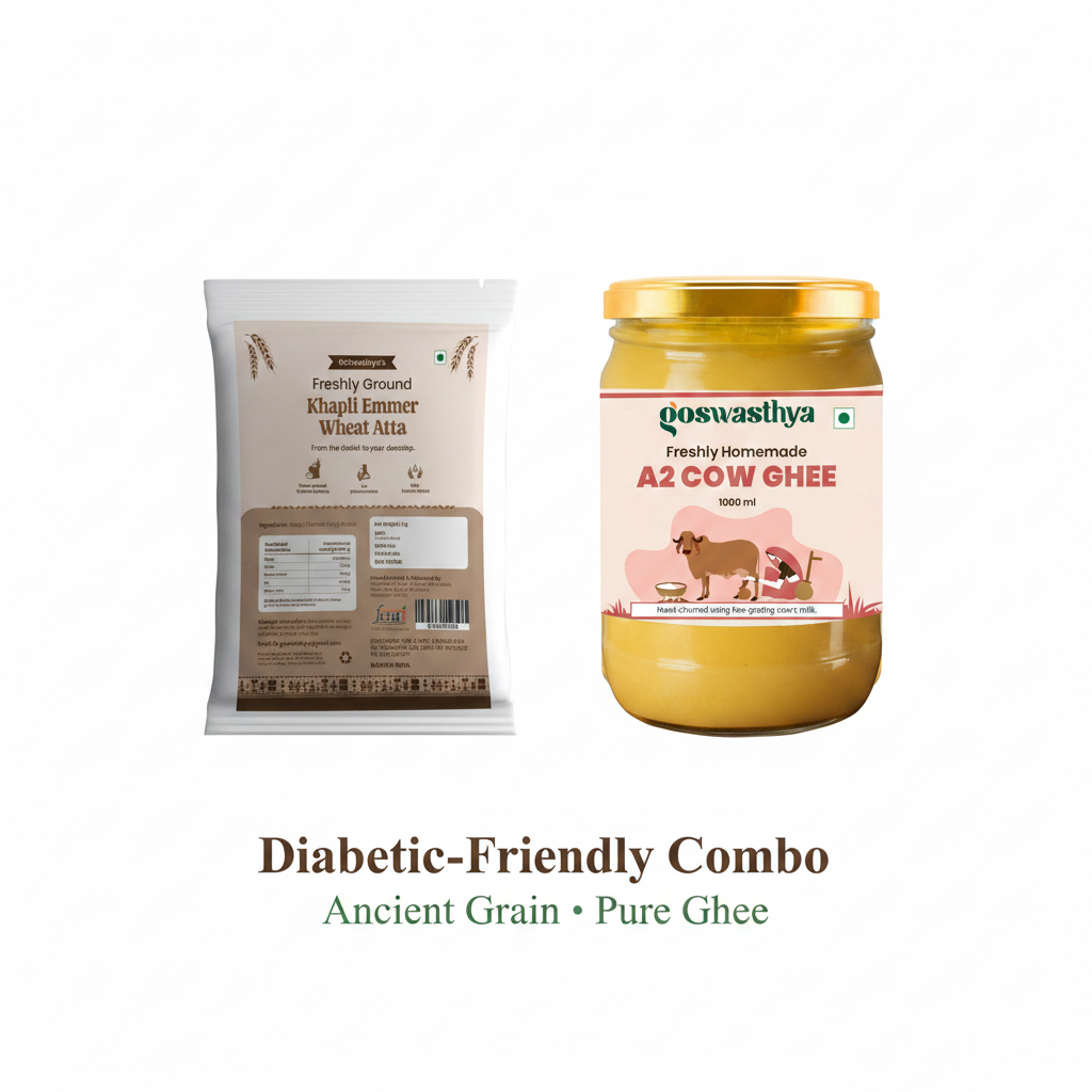 GoSwasthya Diabetic-Friendly Combo – Khapli Emmer Wheat Atta and Pure A2 Cow Ghee on white background