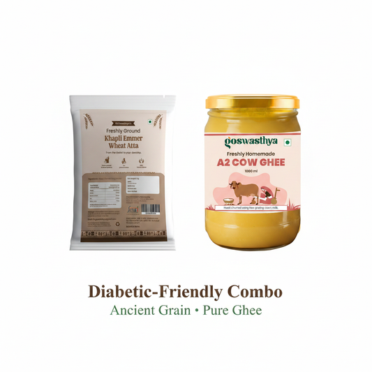 GoSwasthya Diabetic-Friendly Combo – Khapli Emmer Wheat Atta and Pure A2 Cow Ghee on white background