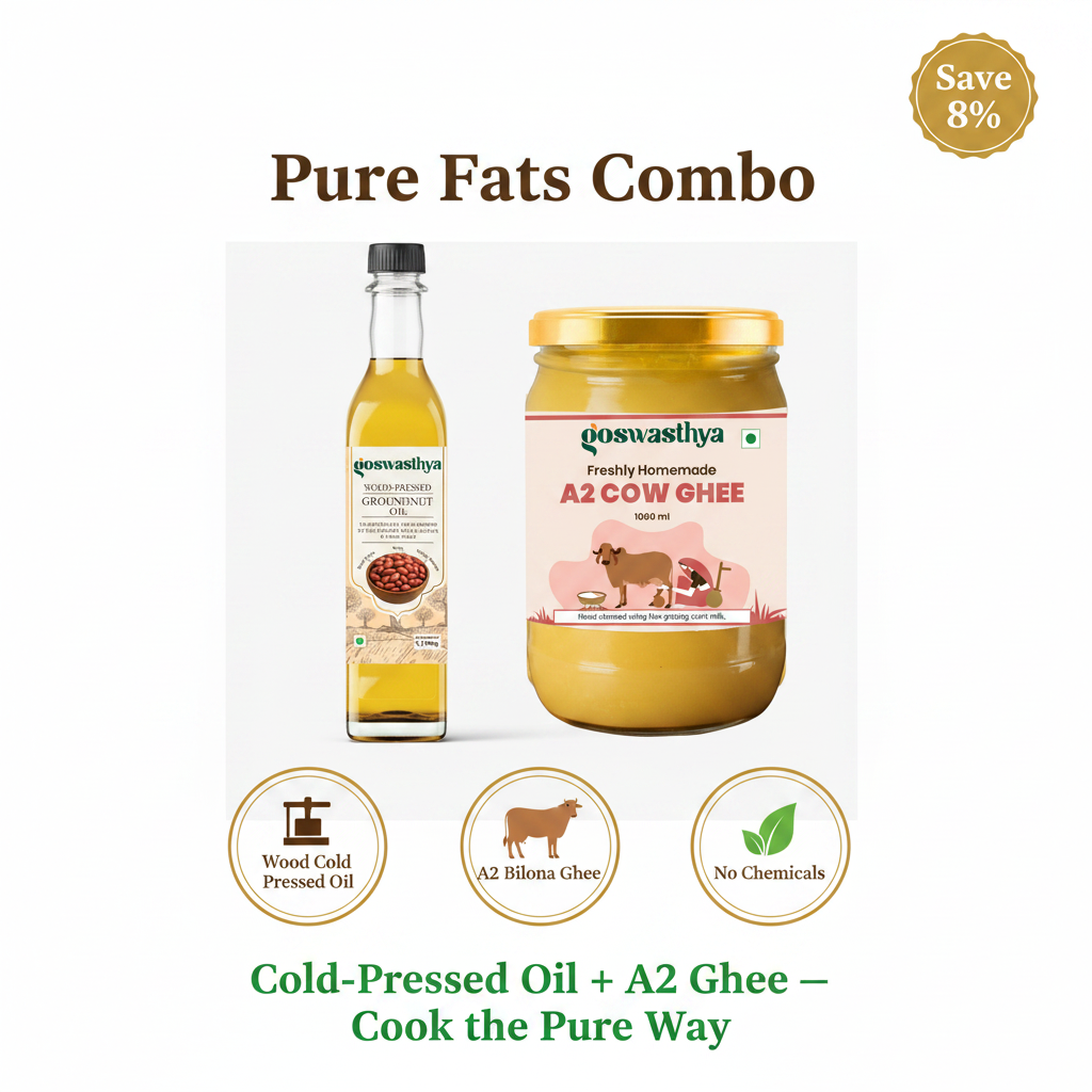GoSwasthya Pure Fats Combo – Wood Cold-Pressed Groundnut Oil and A2 Bilona Desi Cow Ghee on white background