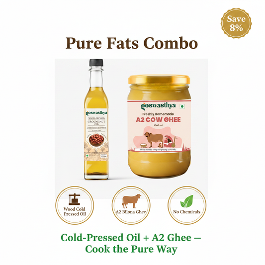 GoSwasthya Pure Fats Combo – Wood Cold-Pressed Groundnut Oil and A2 Bilona Desi Cow Ghee on white background