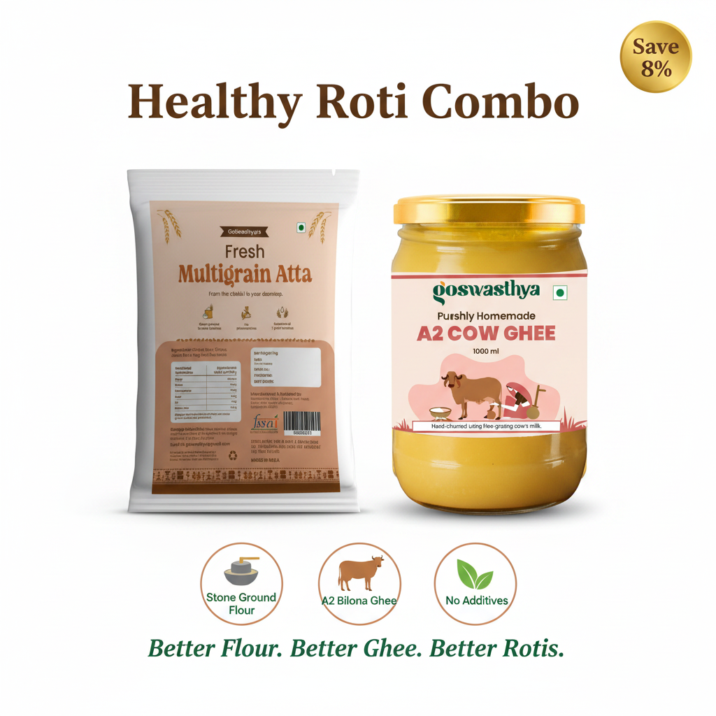 GoSwasthya Healthy Roti Combo – Stone Ground Multigrain Flour and Pure A2 Desi Cow Ghee on white background