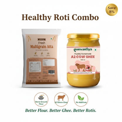 GoSwasthya Healthy Roti Combo – Stone Ground Multigrain Flour and Pure A2 Desi Cow Ghee on white background